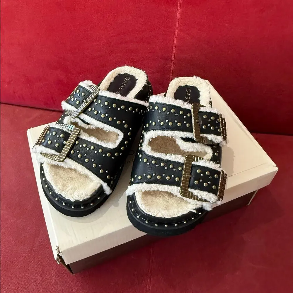 Oasis Society Sherpa Lined Studded Slide Sandals 8.5 - Picture 3 of 5